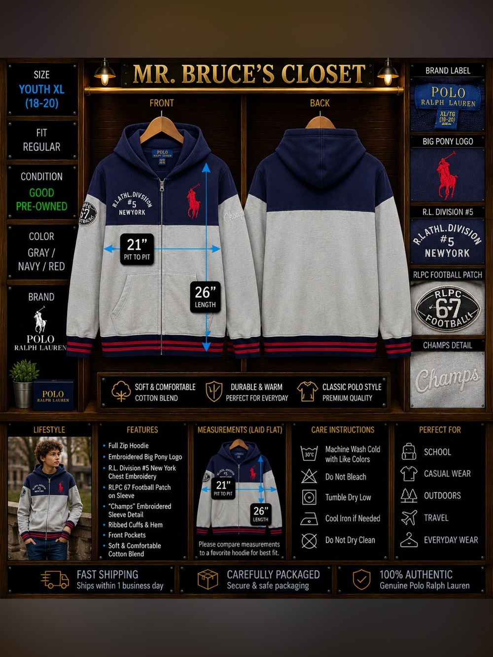 Polo by Ralph Lauren Gray, Navy & Red Zip Hoodie